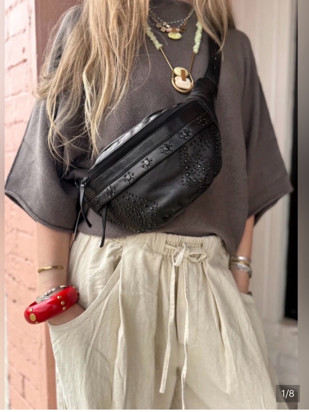 NWT Free people Ana Adorned Sling Bag Black Studded Leather